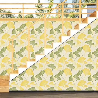 Gingko Wallpaper Peel and Stick, Yellow/Green Leaf Contact Paper, Vintage Autumn Botanical Leaves Wall Paper 17.5" x 118" Self Adhesive Removable Waterproof for Bedroom Shelves Cabinet Drawer Table