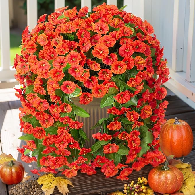 Artificial Fake Fall Hanging Flowers Plants for Outdoor Outside, 2 PCS Faux Silk Orange Morning Glory Trailing Vines Look Real UV Resistant for Autumn Porch Planter Patio Decor