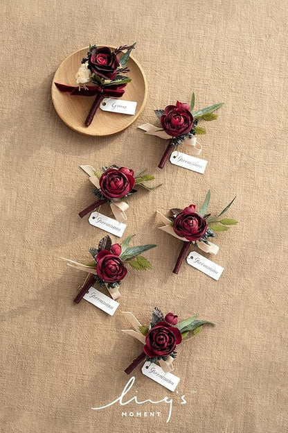 Ling's moment Boutonniere for Men, 6pcs Groom Groomsmen Boutonniere, Artificial Flowers for Wedding Decor/Prom/Homecoming, etc.Black Baccara Burgundy