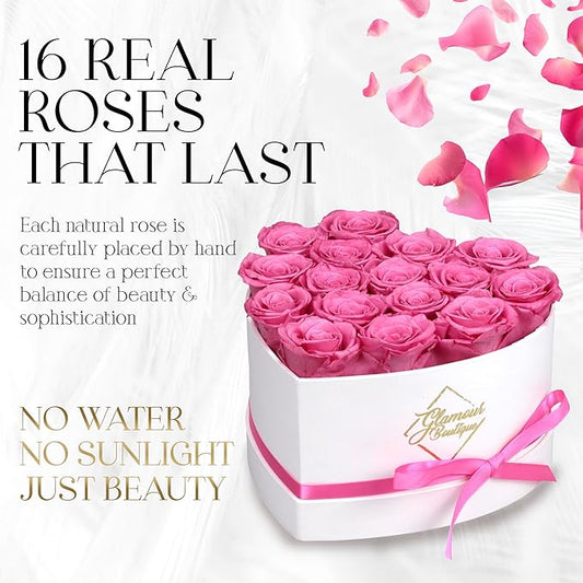 GLAMOUR BOUTIQUE Preserved Roses in a Box - Gifts for Her, Wife & Mom, Rose Flowers Forever Decor for Birthday Gift, Get Well Flower Bouquet Cased in White Box with Cover - Pink - 16-Piece