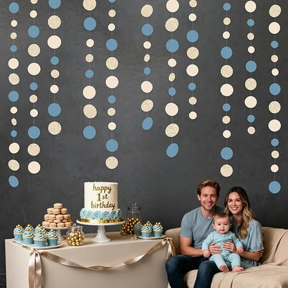 Champagne Gold Dusty Blue Beige Circle Dot Garland Hanging Paper Polka Dot Streamer for Men Boy Birthday Baby Shower Wedding Bridal Shower Retirement Engagement Bachelorette Party Decorations Supplies