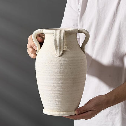 Handmade Ceramic Vase with 4 Handles, 10.83" Tall Farmhouse Rustic Vase, Decorative Pottery Flower Vases for Home Decor, Wedding, Living Room, Table, Shelf Decor, White