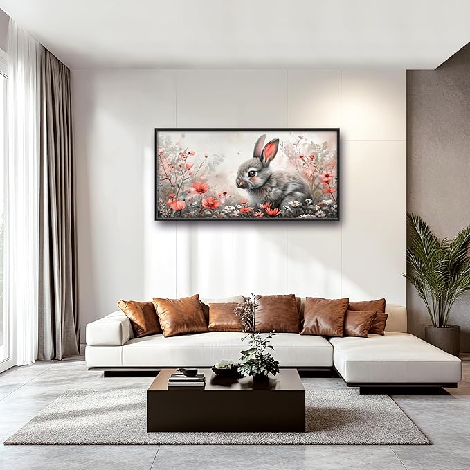 Framed Large Pictures Wall Art for Living Room, Rabbit Bunny Oversized Wall Decor Animal Floral Canvas Print Painting Modern Extra Large Framed Artwork for Bedroom Office 60"x30"