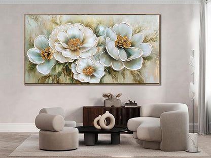 Arjun Big Size Framed Canvas Wall Art for Bedroom, Large Wood Frame Vintage Flower Painting Living Room Textured Artwork Gold Picture Bloosom Dining Room Kitchen Home Office Wall Decor, 58"x29"