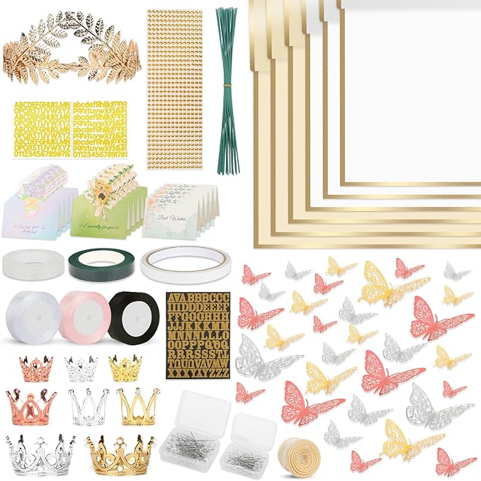 260Pcs Flower Bouquet Wrapping Paper Kit , 60 Sheets Wrapping Paper, 36 Butterflies, 8 Crowns, 1 Headband, 4 Ribbons, 15 Cards, 100 Diamond Pins, Floral Wire, 3 Stickers, 3 Tapes (White & Yellowish)
