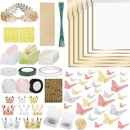 260Pcs Flower Bouquet Wrapping Paper Kit , 60 Sheets Wrapping Paper, 36 Butterflies, 8 Crowns, 1 Headband, 4 Ribbons, 15 Cards, 100 Diamond Pins, Floral Wire, 3 Stickers, 3 Tapes (White & Yellowish)