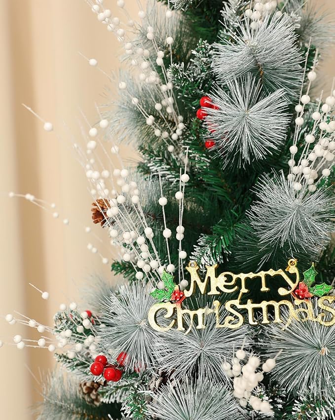 Christmas Artificial Glitter Holly Berry Stem,12Pcs Fake Christmas White Berries Branches Twigs 16 in Holly Berries Stem Picks for Christmas Tree Floral Arrangements Vase Home Decor