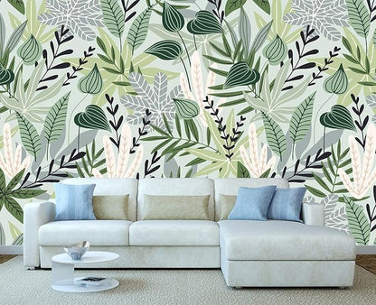 Cliouar-Watercolor Green Leaves Tropical Plants Bedroom Living Room Decoration Mural Wallpaper 158" x 110"(Not Self-Adhesive)