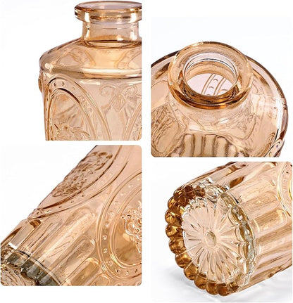 Amber Glass Vase Set of 12, Clear Bud Vases in Bulk, Mini Vases for Flowers, Small Flower Vases for Centerpieces, Vintage Decorative Embossed Vase for Home Decor, Wedding Table Decoration