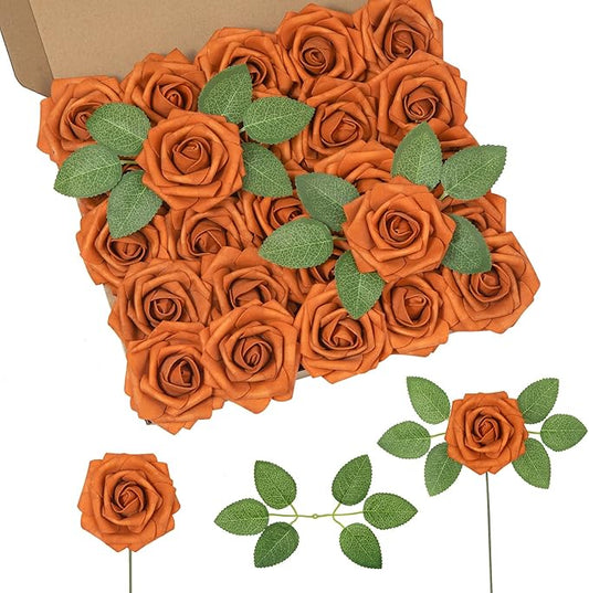 DuHouse 25Pcs Artificial Roses Flowers Fake Rose with Stems Real Touch Foam Flowers for DIY Wedding Bouquet Baby Shower Centerpiece Floral Arrangement Party Home Decor(Burnt Orange)