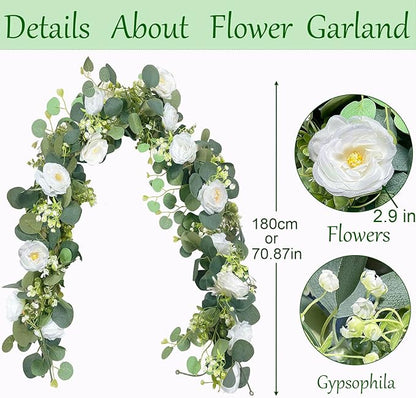 2 Pack 12Ft Artificial Eucalyptus Flower Garland with White Roses, Faux Floral Greenery Garland Fake Flower Vines for Wedding Party Centerpiece Table Runner Arch Party Decor (2PCS,White