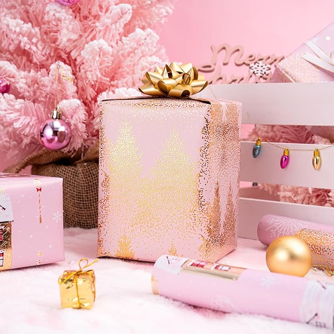 WRAPAHOLIC Christmas Wrapping Paper Roll - Mini Roll - 3 Rolls - 17 Inch X 120 Inch Per Roll - Pink and Gold House, Christmas tree, Snowflake Holiday Collection with Metallic Foil Shine