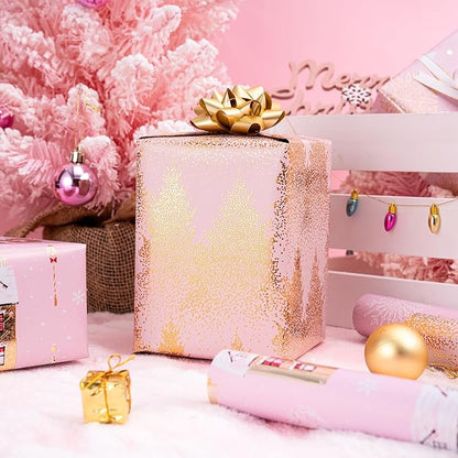 WRAPAHOLIC Christmas Wrapping Paper Roll - Mini Roll - 3 Rolls - 17 Inch X 120 Inch Per Roll - Pink and Gold House, Christmas tree, Snowflake Holiday Collection with Metallic Foil Shine