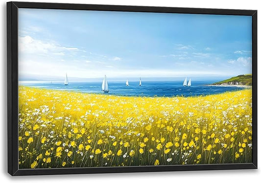 Coastal Flowers Large Wall Art Framed Wall Decor for Living Room Ocean Sailboat Pictures Oversized Canvas Print Painting Modern Extra Large Framed Artwork for Bedroom Office Home Decor 36"x24"