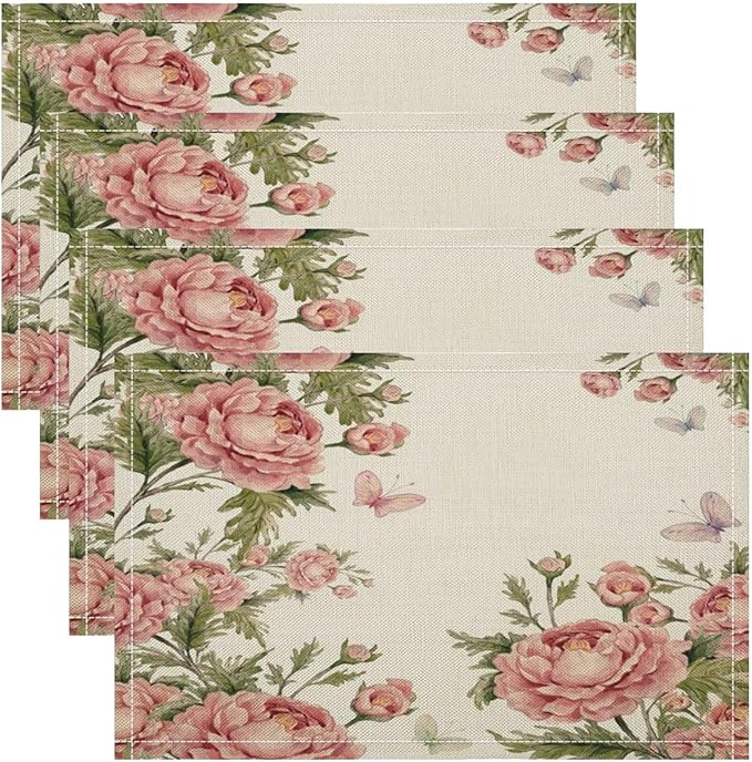 Pink Flowers Placemats Set of 4, 17x12 Inch Rustic Farmhouse Romantic Spring Floral Blossom Butterfly Table Mats for Home Party Kitchen Dining Decor