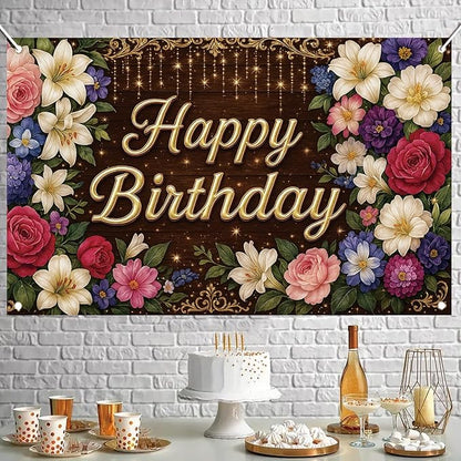 Rustic Wooden Gold Letter Happy Birthday Backdrop Banner for Women Girls Flowers Photography Background Decoration Wedding Baby Shower Decor Photo Booth Studio Props Supplies 6x4ft