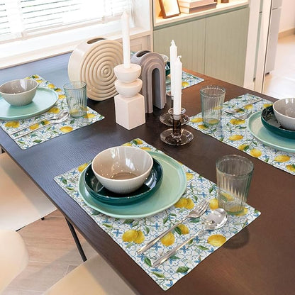Lemon Linen Placemats Set of 4 Summer Fruit Print Heat Resistant Table Mats for Home Party Indoor Holiday Kitchen Dining Room Decor 12 x 18 Inch