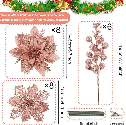 22 Pcs Rose Gold Christmas Poinsettia Artificial Flowers and Glitter Berries Stems Kit, Christmas Poinsettias Decorations and Christmas Tree Ornaments for Xmas Home Wedding Holiday Tree Decor