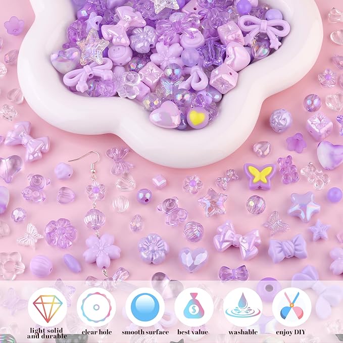 Assorted Acrylic Beads, 200-260PCS Purple Cute Beads for Bracelet Making, GummyBear Bow Flower Candy Kawaii Charms for Jewelry Making DIY Necklace Keychain Phone Charm Christmas Gift