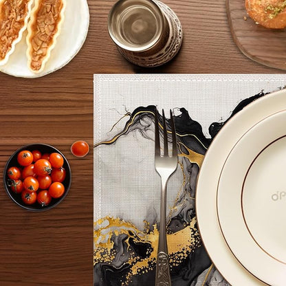 White Black Placemats Set of 6,Washable Heat Resistant 12×18 Inch Linen Table Mats Golden Marble Place Mats for Party Outdoor Dining Décor