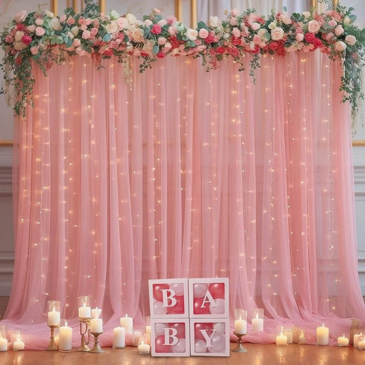 20x10ft Dusty Rose Tulle Backdrop Curtain with Lights String for Parites, Sheer Backdrop Curtains for Wedding Baby Shower Birthday Party Photo Shoot Decorations