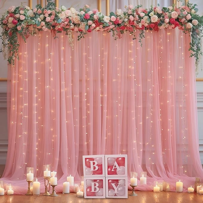 20ft x 10ft Dusty Rose Backdrop Curtain with Lights String for Parties, Sheer Tulle Wedding Photo Backdrops Drapes for Baby Shower Birthday Party Decorations Background for Photography