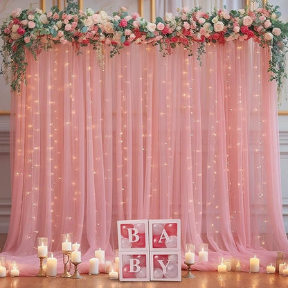 20ft x 10ft Dusty Rose Backdrop Curtain with Lights String for Parties, Sheer Tulle Wedding Photo Backdrops Drapes for Baby Shower Birthday Party Decorations Background for Photography