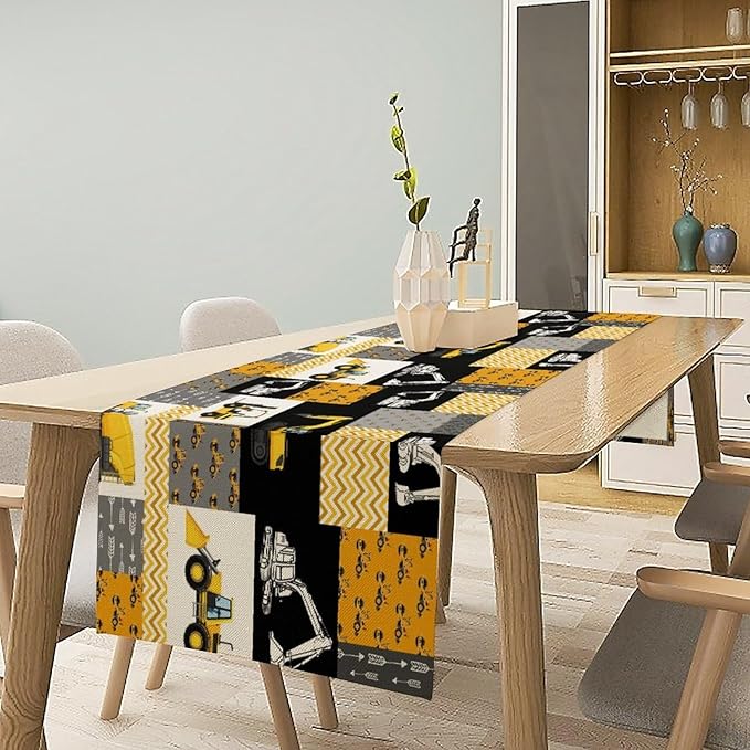 Excavator Table Runner,Boys Kids Construction Vehicles Equipment Trucks Cartoon Car Tablecloth Burlap for Hotel Indoors Outdoor Dining Room Kitchen Holiday Party, 13x36in