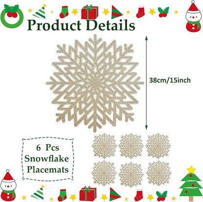 Snowflake Placemats Set of 6, Washable Christmas Placemats Snowflake Tablemats Hollow Out Round Vinyl Place Mats for Dining Table Setting Kitchen Table Mats Christmas Decoration(Gold Snowflake)