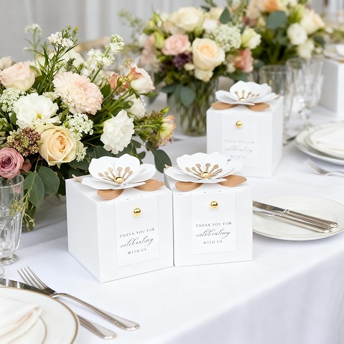 FEIYI 20 PCS Candy Boxes, 3 In 1 White Favor Boxes With Floral Decor, White Thank You Tags Gift Wrapping For Wedding Birthday Baby Shower Decorations Party -2.55x2.55x2.55''