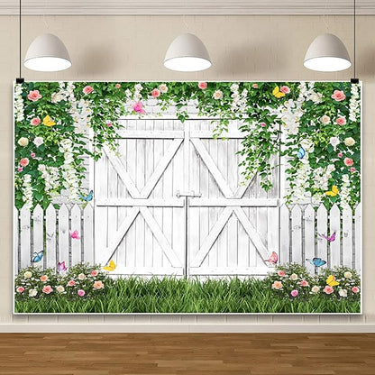 AOFOTO White Barn Door Floral Backdrop 10x6.5ft Spring Garden Background Banner Green Leaves Flowers Butterfly Wooden Door Backdrops Birthday Bridal Shower Wedding Banner Photo Booth Studio Props
