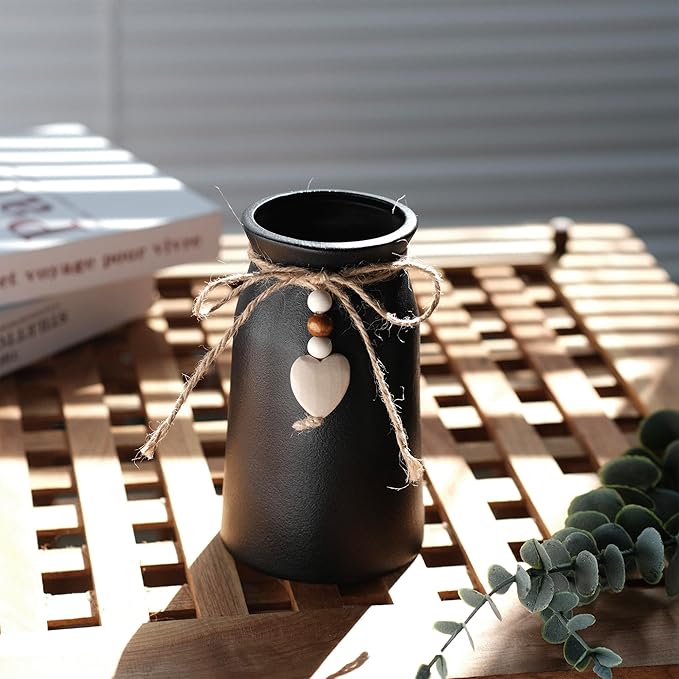 Premium Ceramic Vase with Jute Rope & Heart Charm | 6-Inch Decorative Flower Vase for Modern & Farmhouse Décor, Black Color