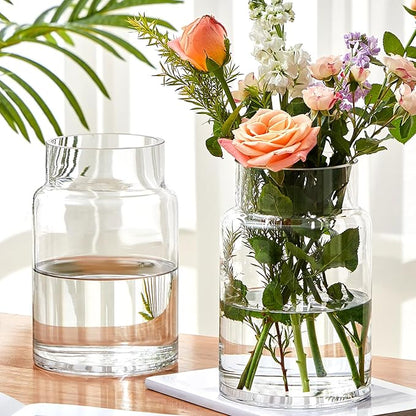 2 Pcs 9 Inch Large Glass Vase for Bouquet Wide Mouth Vase for Centerpieces Large vase for Flowers Modern Glass Vases for Wedding Home Dining Table Decor(H: 9” W: 6")