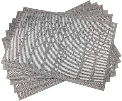 Gugrida Place Mats PVC Set of 6, Table Placemats Set of 6 PVC Woven Vinyl Place Mats Table Mats Natural Color (6 pcs, Silver Tree)