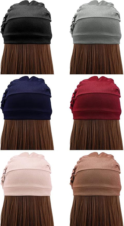 6 Pieces Women Turban Flower Caps Elastic Beanie Headscarf Vintage Headwrap Hats