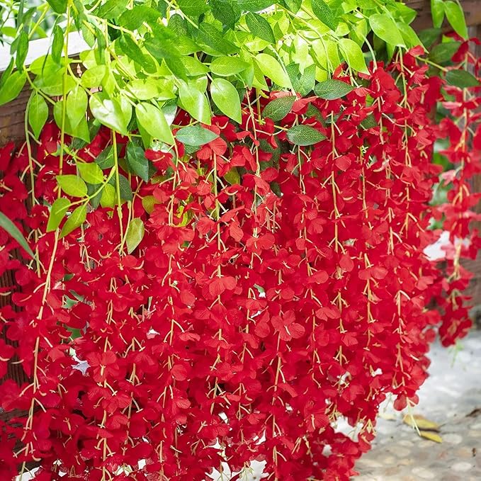 24 Pack Red Wisteria Hanging Flowers Garland, 3.77 Feet Artificial Flower Vines, Fake Wisteria, Artificial Vines Hanging Garland for Backdrop Outdoor Yard Garden Decor