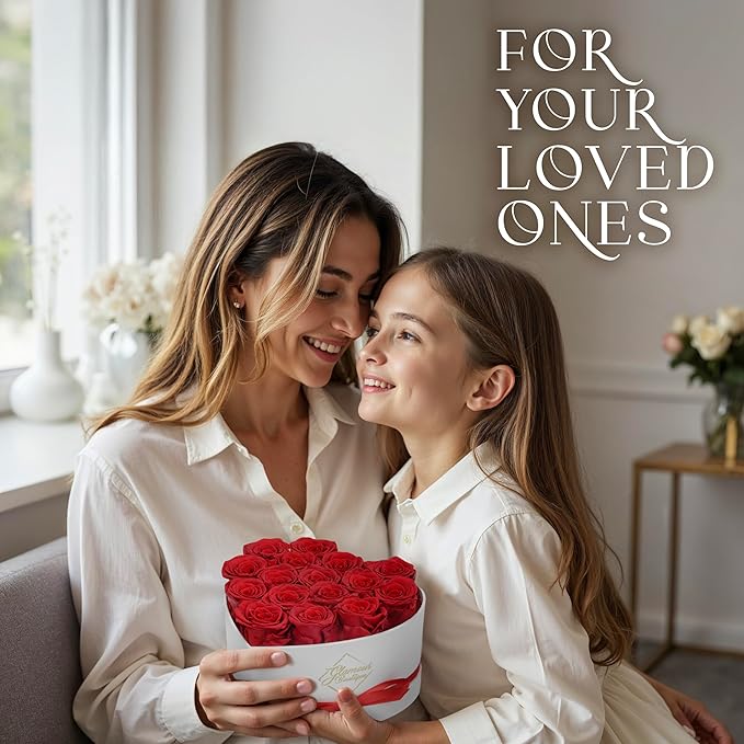 GLAMOUR BOUTIQUE Preserved Roses in a Box - Gifts for Her, Wife & Mom, Rose Flowers Forever Decor for Birthday Gift, Get Well Flower Bouquet Cased in White Box with Cover - Red - 16-Piece