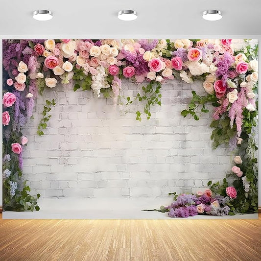 12x8ft Wedding Backdrop Rustic White Brick Wall Flowers Photography Background Bridal Shower Wedding Party Adults Portraits Decoration Supplies Photo Booth Props