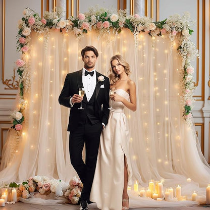 10x10ft Champagne Tulle Backdrop Curtain with Lights String for Parites, Sheer Backdrop Curtains for Wedding Baby Shower Birthday Party Photo Shoot Decorations