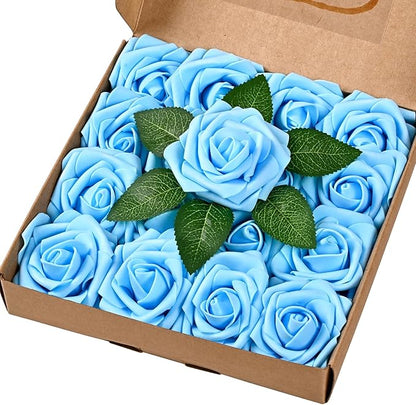 BLEUM CADE 16Pcs Artificial Flowers Fake Roses with Stems, Sky Blue Boxed Foam Roses for DIY Bouquets Centerpieces Wedding Party Arrangement Bridal Shower Decor