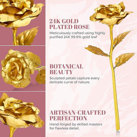 24k Gold Rose w/Luxury Gift Box - 10-inch Golden Rose Metal Single Roses & Valentine's Day Gifts Idea for Women, Loved Ones, Mom, Wife, Girlfriend, Grandma, Mother's Day, 40-Pcs