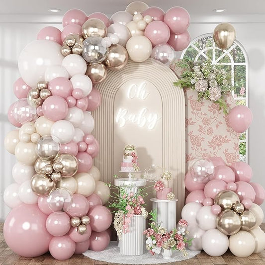Dusty Pink Balloon Arch Kit, Boho Retro Blush Pink Champagne Gold White Latex Helium Party Balloons Garland for Girls Women Bridal Baby Shower Neutral Wedding Engagement Birthday Party Decorations