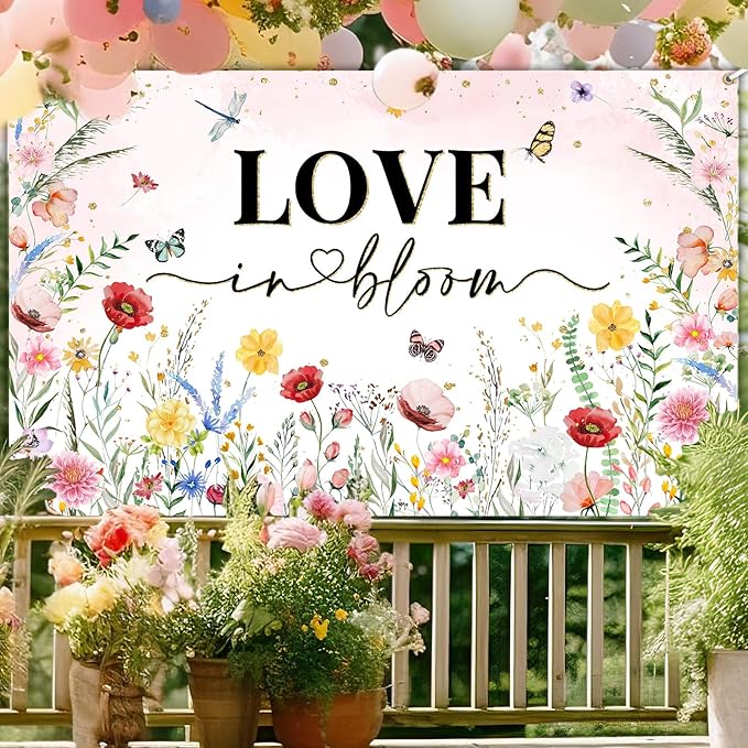 Avezano Love in Bloom Backdrop Banner 6 x 3.6 ft Floral Bridal Shower Decorations Pink Love in Bloom Wildflower Bridal Shower Party Decorations