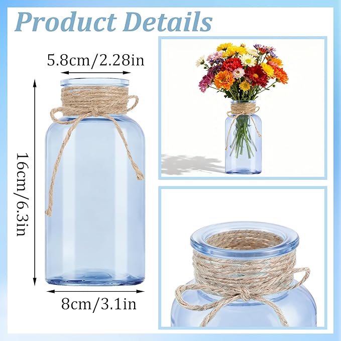 Vintage Glass Flower Vase，6 Pack Blue Farmhouse Glass Centerpiece Vases Mason Jars for Weddings, Parties & Home Decor Bulk (6, Blue)