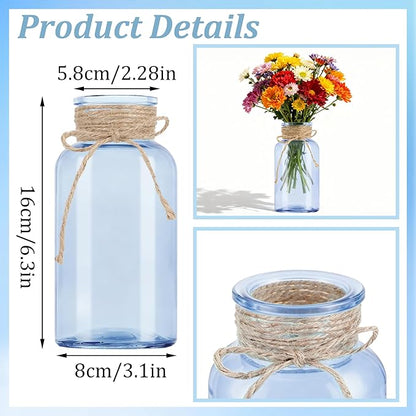 Vintage Glass Flower Vase，6 Pack Blue Farmhouse Glass Centerpiece Vases Mason Jars for Weddings, Parties & Home Decor Bulk (6, Blue)