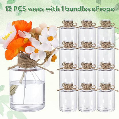 12 Pack Clear Plastic Vases for Centerpiece, Clear Shatterproof Bud Vases Small Floral Containers for Wedding Table Decor, Bulk Hyacinth Bulb Growing Jars (4.7 Inch)