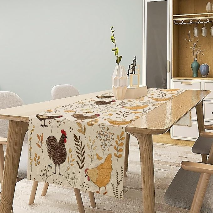Farmhouse Rooster Table Runner, Rustic Farm Animals Cute Cartoon Chicken Floral Dinner Runner for Farmhouse Home Kitchen Dinner Table Holiday Party Decoration 13x60in