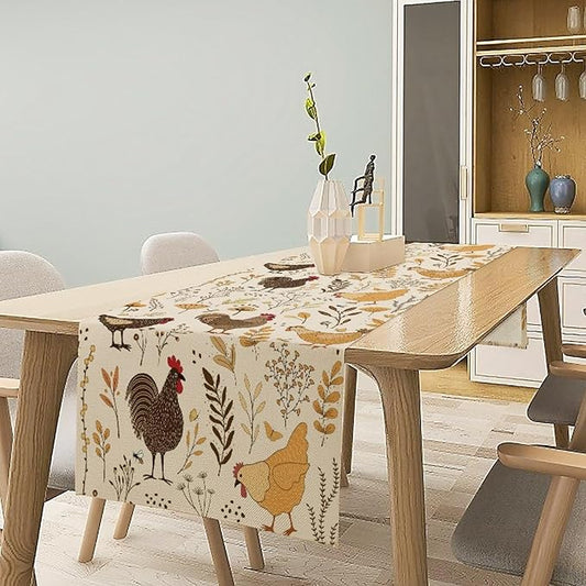 Farmhouse Rooster Table Runner, Rustic Farm Animals Cute Cartoon Chicken Floral Dinner Runner for Farmhouse Home Kitchen Dinner Table Holiday Party Decoration 13x60in