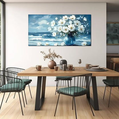 Flower Wall Art for Living Room, Ocean Canvas Wall-Decor for Bedroom, Blue and White Picture Print Artwork for Office, Size 48 x 24 Inches