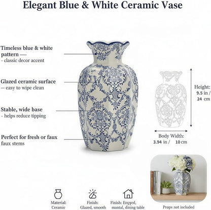 9.5-Inch Blue & White Rustic Vintage Ceramic Vase, Aesthetic Farmhouse Pottery Decor for Living Room, Dining Room & Office